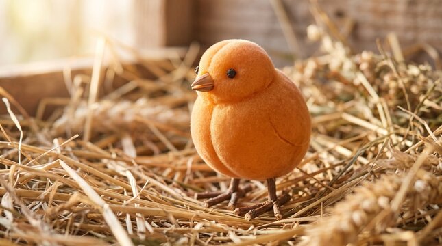 Apricot carved into a chick shape rests among dried straw