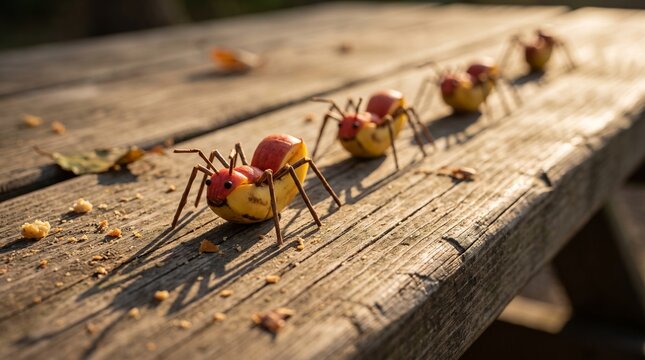 Fruit ants crafted from apple and banana peels rest on weathered wood