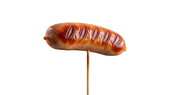Grilled German sausage on thin wooden stick against transparent background.