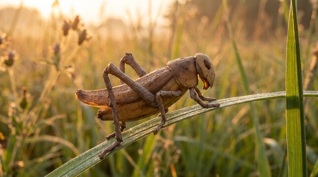 Banana peel cricket rests on a blade of grass in golden sunlight