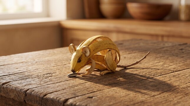 Banana peel sculpted into a mouse shape nibbles a seed on wood