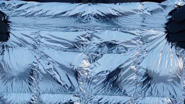 Person in winter clothes opening and unfolding emergency thermal space blanket outdoors.