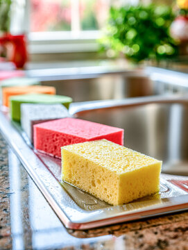 Stacked colorful sponges ready for kitchen cleaning duties