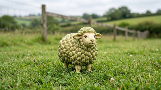 A sculpted sheep covered in custard apple scales stands in a grassy field