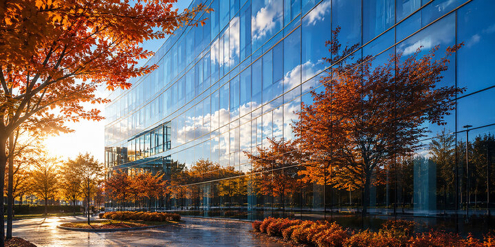 Modern Glass Office Building Reflecting Autumn Trees and Sunset