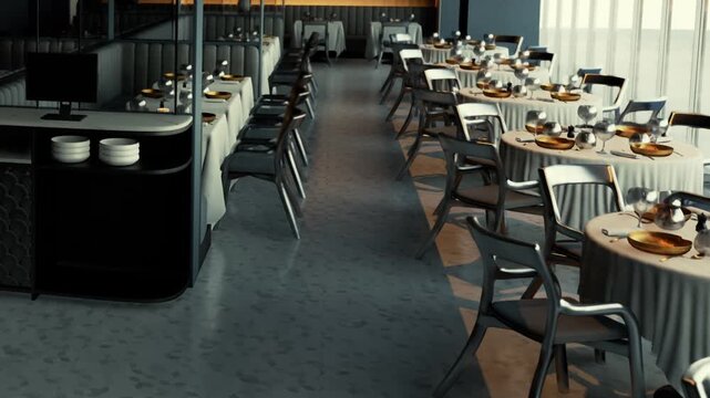 A restaurant in a modern style with tables arranged for dining. The setup includes chairs and tableware. Soft light enters through large windows.