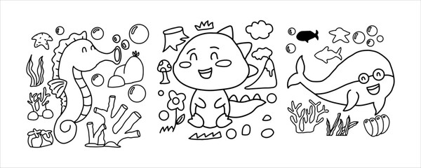 Fototapeta premium Cute Sea Creatures Coloring Pages for Children with Whale Seahorse and Sea Dragon Line Art