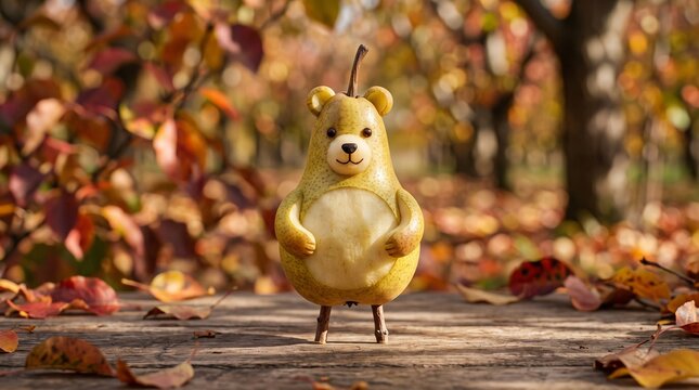 Carved pear shaped like a bear stands among autumn foliage
