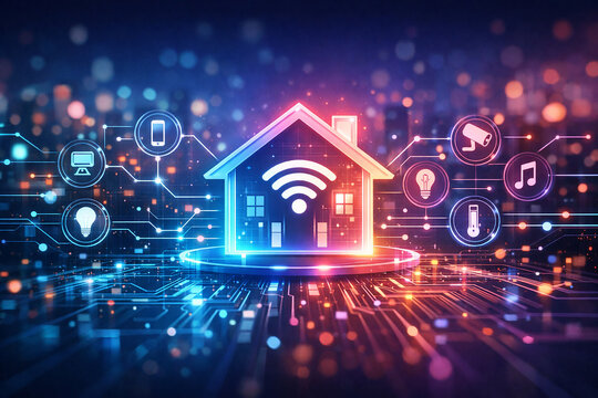 Futuristic Smart Home Icon with IoT Technology and Connectivity Networks