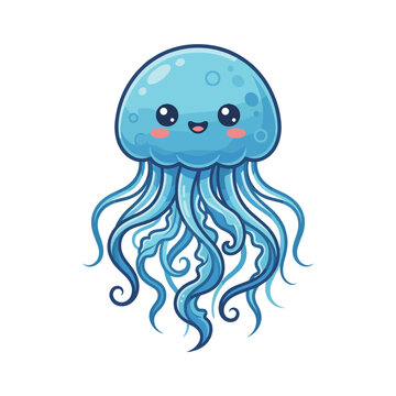Cute blue jellyfish cartoon sticker, cheerful hand drawn vector clipart for kids nursery design