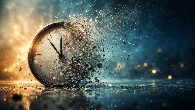 Vintage Clock Dissolving and Disintegrating into Sparkling Time Particles