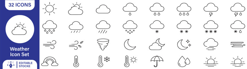 Naklejka premium 32 Weather Vector Outline Icons Set – Forecast, Sun, Cloud, Rain, Snow, Storm and Temperature Line Symbols Collection
