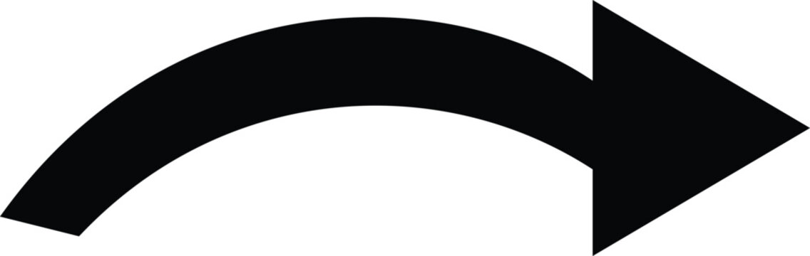 Black curved arrow pointing right on white background representing direction and progress