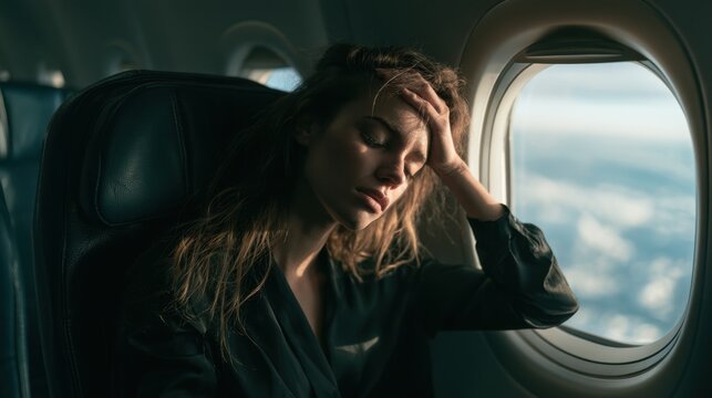Woman feeling unwell and exhausted sitting by the airplane window during flight with dramatic lighting and cloudy sky outside the window
