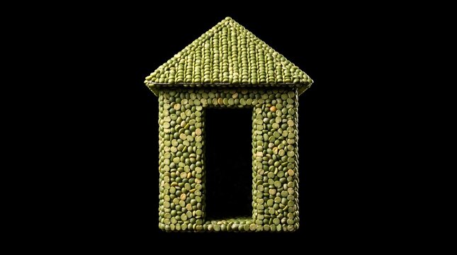 Concept of a sustainable eco-friendly house built from dried green split peas against a black background, symbolizing organic living and green building materials.