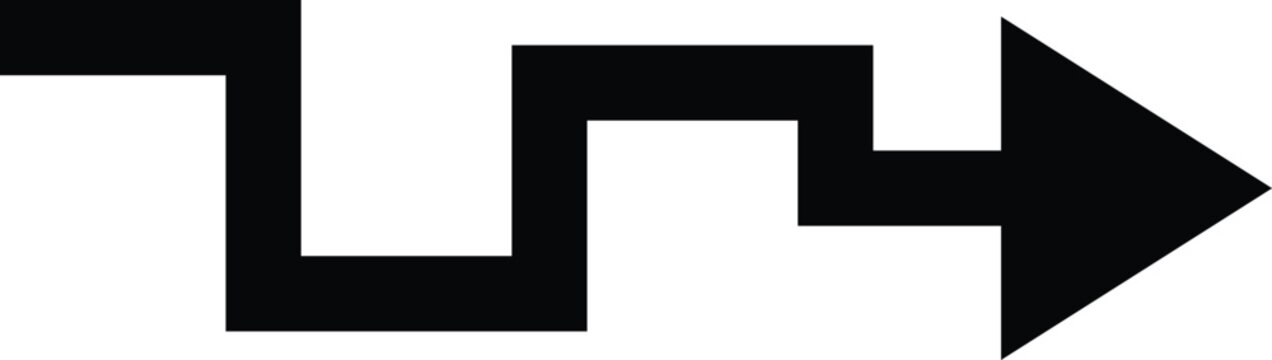 Black zigzag arrow pointing right on white background representing a complex path forward