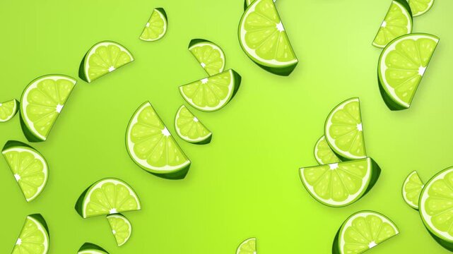 Falling Fresh Lime Slices Animation on Vibrant Green Background