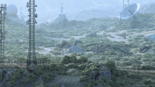 A broad view shows a hilly area with multiple communication towers and large satellite dishes. The scene appears to be misty or foggy, adding a soft look to the landscape.