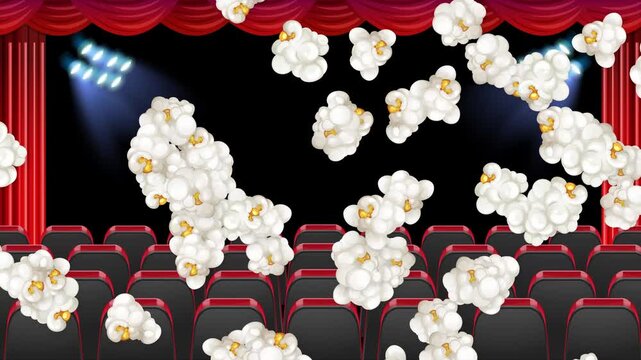 Animated Popcorn Falling Over Empty Cinema Theater Seats and Red Curtains