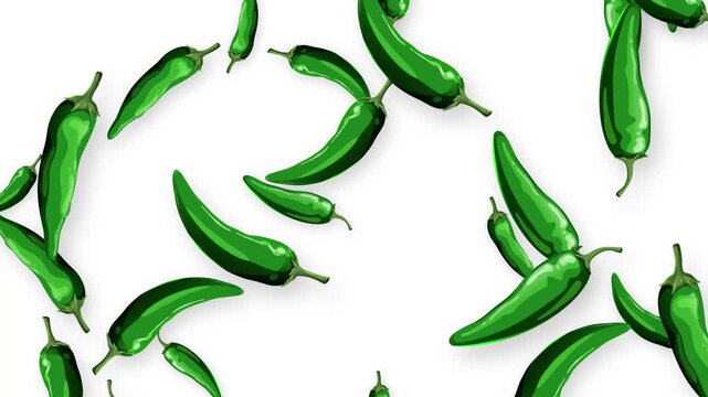 Falling Green Chili Peppers Animation on Isolated White Background