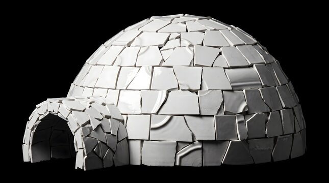 Creative metaphorical igloo structure made from broken white ceramic plate shards and porcelain fragments isolated on a black background, symbolizing fragility, shelter, and reconstruction.