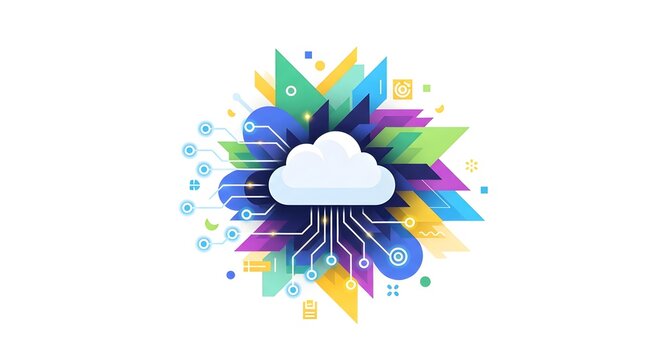 Colorful abstract cloud with circuit lines and vibrant shapes.
