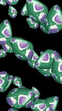Stylized Green and Purple Patterned Objects Falling Against Black Background
