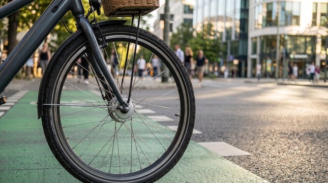 Close-up bicycle wheel moving along a green urban cycling lane, symbolizing World Car Free Day, sustainable transportation, eco-friendly mobility, and cleaner cities.