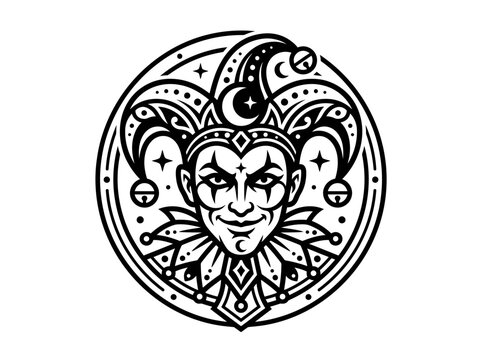 Jester Face Circular Emblem Isolated Black and White Graphic