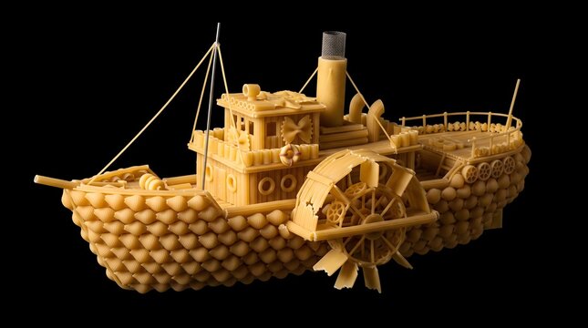 Creative and intricate model of a paddle steamer boat handcrafted entirely from various types of dry pasta including shells, macaroni, and farfalle, isolated on a solid black background.