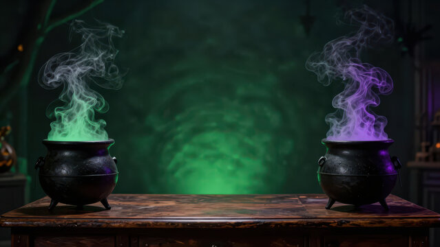 Halloween cauldron smoke green purple magic create atmospheric scene on rustic table, with glowing vapor, dark background, and eerie fantasy mood for seasonal celebration