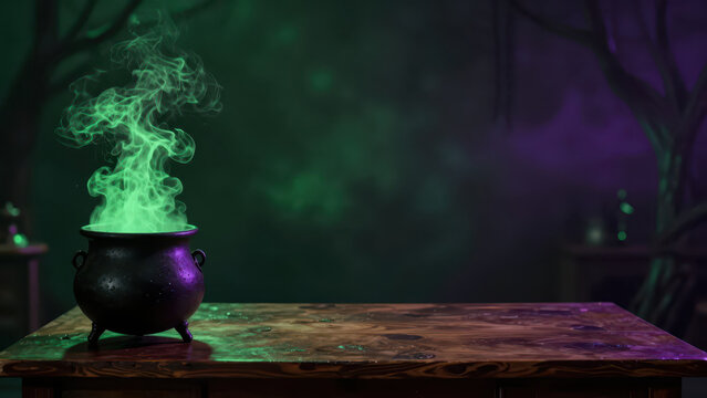Halloween cauldron green smoke dark forest purple light spooky still life magical glowing vapor black pot creates eerie mood, with vapor rising above rustic wooden table