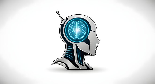 Futuristic robot head with glowing blue circuit brain.