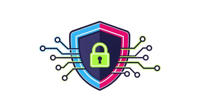 Colorful shield with padlock and circuit board design for cybersecurity.