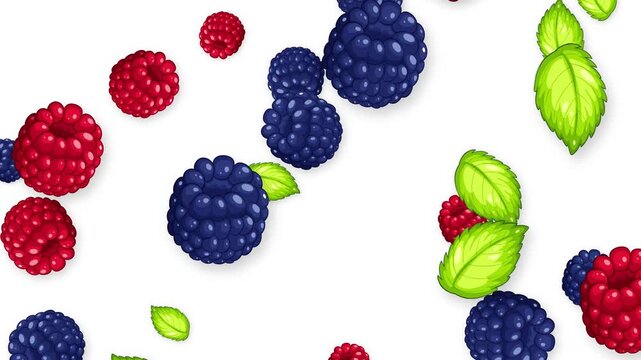 Falling Mixed Berries and Green Mint Leaves on White Background