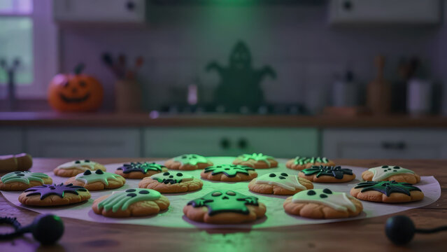 Halloween cookie decorated dessert on table in kitchen, featuring orange and green icing, ghost and monster design, creating playful celebration atmosphere for family gathering