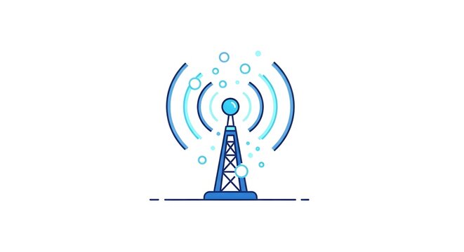 Blue wireless signal tower icon with radiating waves.
