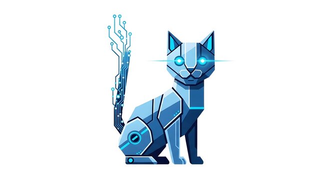 Futuristic robotic cat with glowing blue geometric patterns.