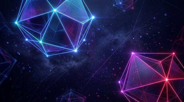Geometric Constellations in Cosmic Space: Glowing geometric shapes, reminiscent of stars and nebulae, float in the vast expanse of a digital universe.