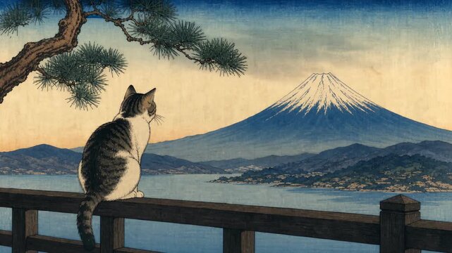 Cat Gazing at Mount Fuji, Ukiyo-e Style AI Animation