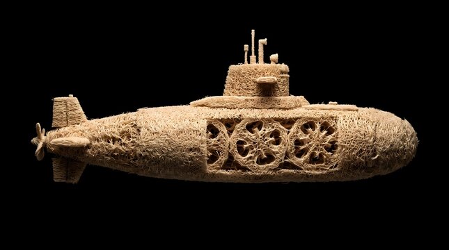 Intricate submarine model crafted from organic loofah plant fibers, a conceptual art piece representing sustainable maritime technology and ocean exploration, isolated on a black background