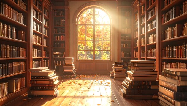 Cozy Vintage Library Filled with Books and Warm Autumn Sunlight