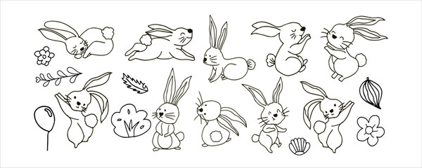 Obraz premium Hand Drawn Cute Rabbit Vector Set Featuring Playful Bunnies and Floral Decorative Elements