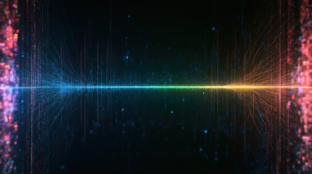 Symmetrical digital illustration with central horizontal colorful light channel on dark background, cyan‑green‑yellow thin line flaring into fan‑shaped glowing threads at both ends