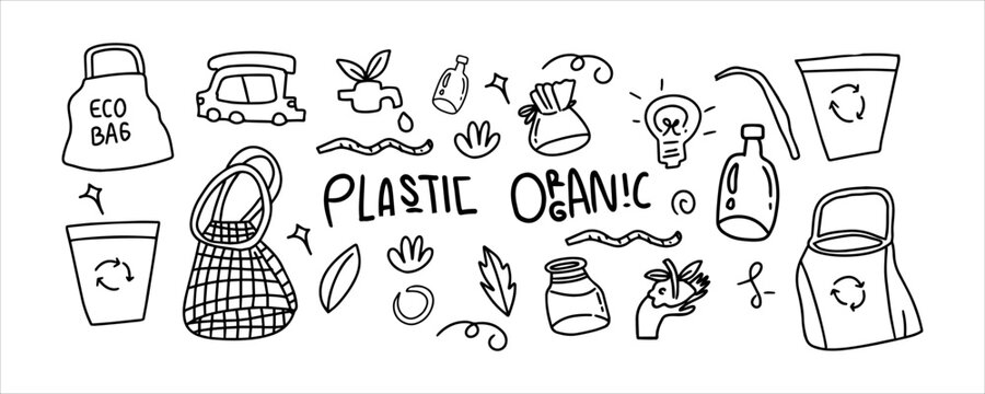Hand-drawn eco-friendly doodles and zero waste symbols for sustainable living concepts vector collection