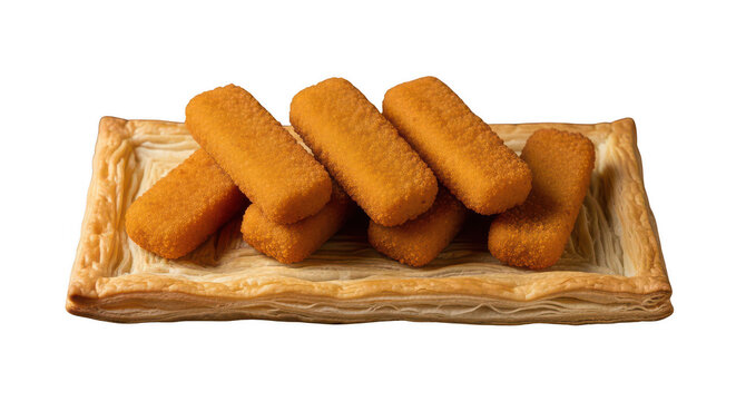 Golden breaded fish fingers arranged on puff pastry base for quick frozen dinner.