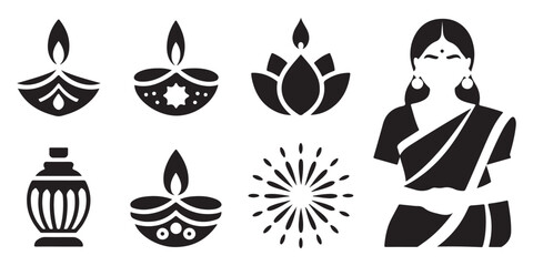 Fototapeta premium Black diwali festival vector illustration set with diya lamp lotus fireworks and indian woman for graphic design.