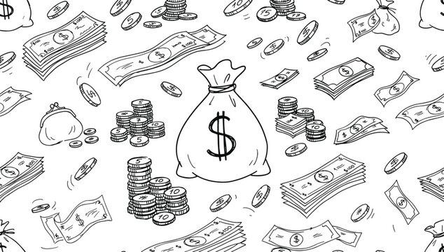 Financial seamless pattern line art illustration featuring big money sack stacks of coins bills banknotes and wallet