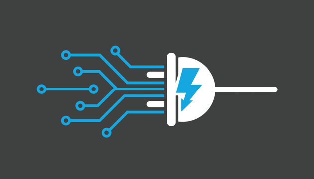 Tech power concept featuring an electric plug integrated with blue circuit board lines and a lightning bolt icon on gray.