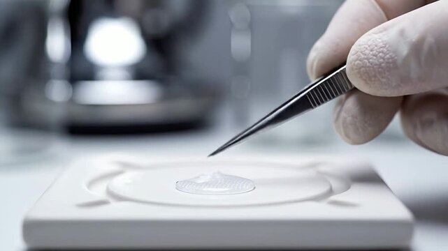 Lab Technician Holding Transparent Cellular Sample with Tweezers in a Sterile Laboratory Environment for Biotechnology and Scientific Research